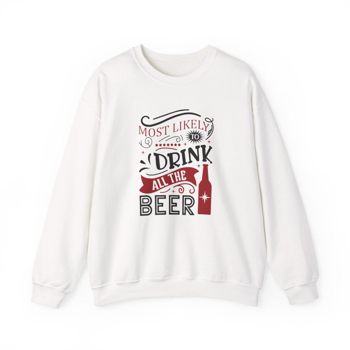 light pink sweatshirt with most likely to drink all the beer funny christmas design