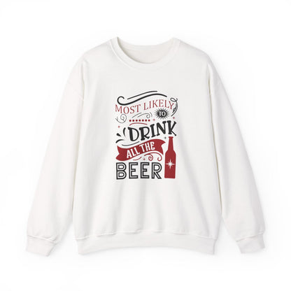 light pink sweatshirt with most likely to drink all the beer funny christmas design