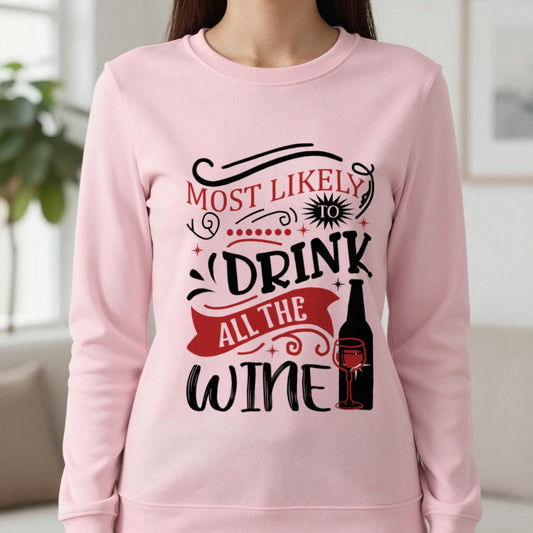 Most Likely to Drink All the Wine Christmas Sweatshirt in Light Pink, worn, our photo