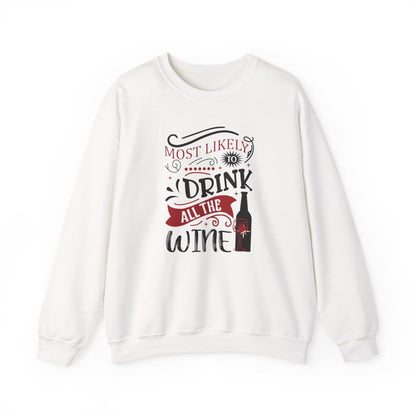 light pink sweatshirt with most likely to drink all the wine funny christmas design