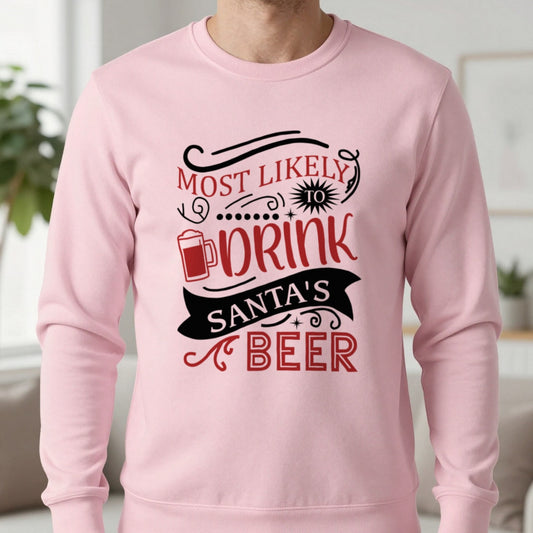 Most Likely to Drink Santa's Beer Christmas Sweatshirt in Light Pink, worn, our photo