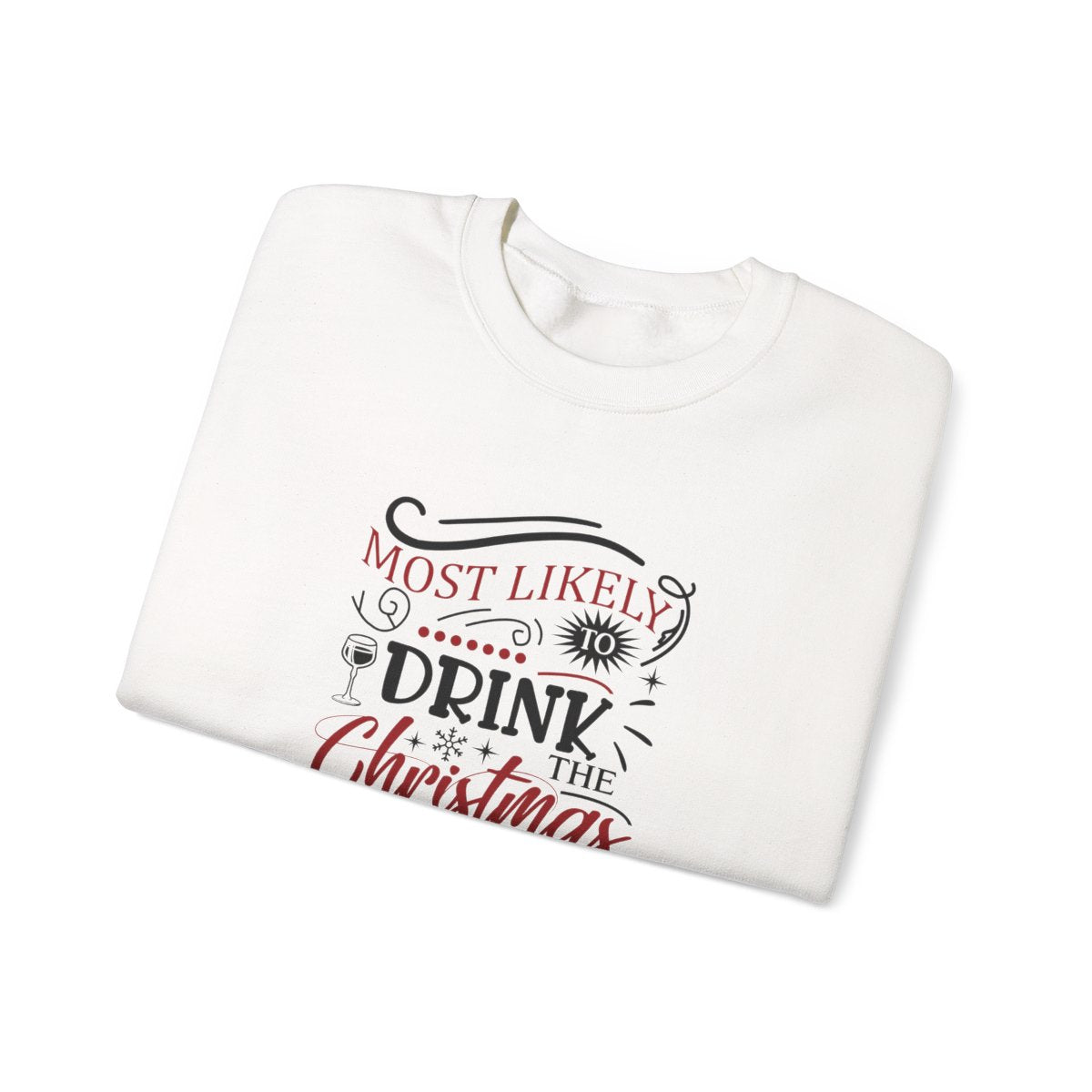 light pink sweatshirt detail showing most likely to drink the christmas spirit design print