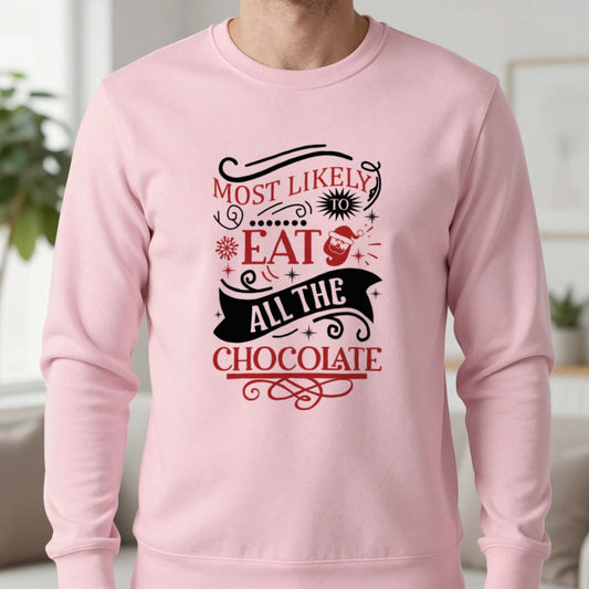 Most Likely to Eat All the Chocolate Christmas Sweatshirt in Light Pink, worn, our photo