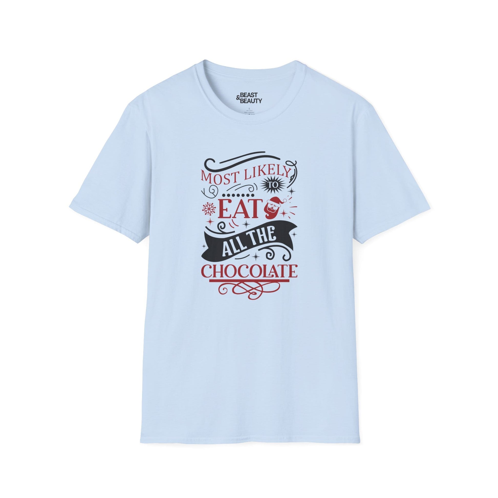 most likely to eat all the chocolate christmas t-shirt light blue t-shirt Christmas gift idea