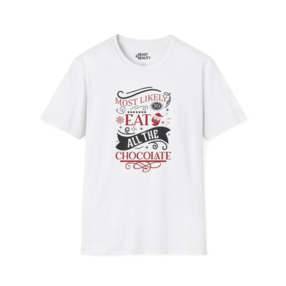 most likely to eat all the chocolate christmas t-shirt white t-shirt Christmas gift idea
