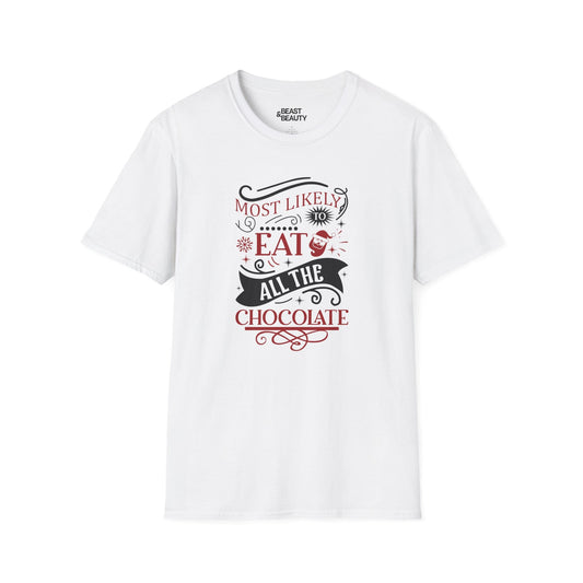 most likely to eat all the chocolate christmas t-shirt white t-shirt Christmas gift idea
