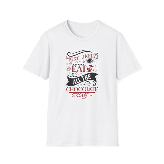 Most Likely to Eat All the Chocolate Christmas T-Shirt - funny t-shirt by Cheeky Business