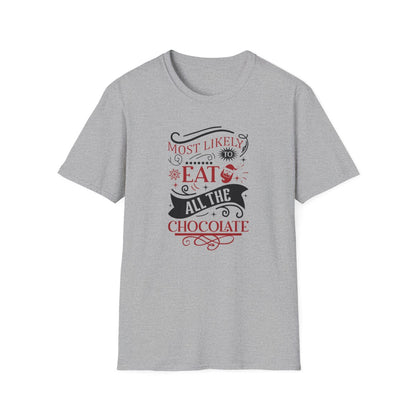 sport grey t-shirt with most likely to eat all the chocolate humorous design