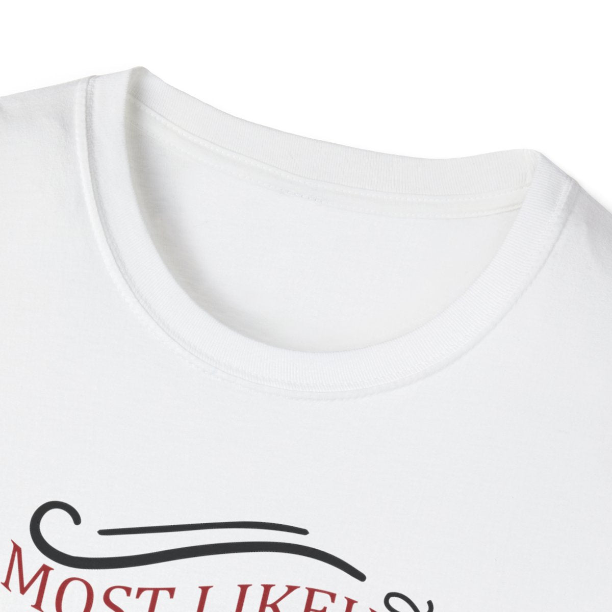 light blue t-shirt close-up showing most likely to eat all the chocolate design detail