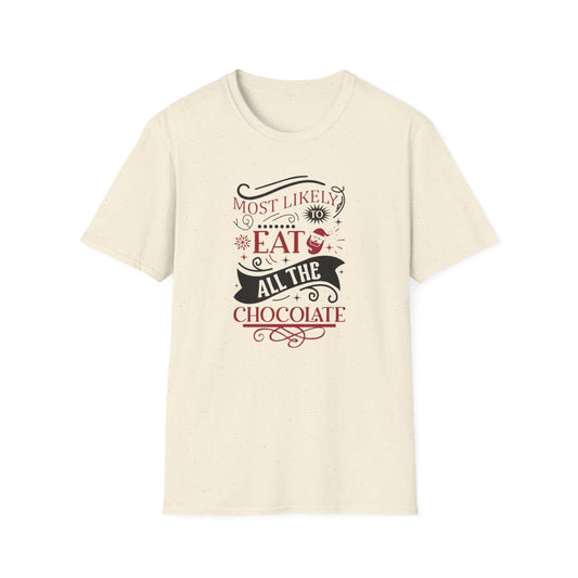 Most Likely to Eat All the Chocolate Christmas T-Shirt - funny t-shirt by Cheeky Business