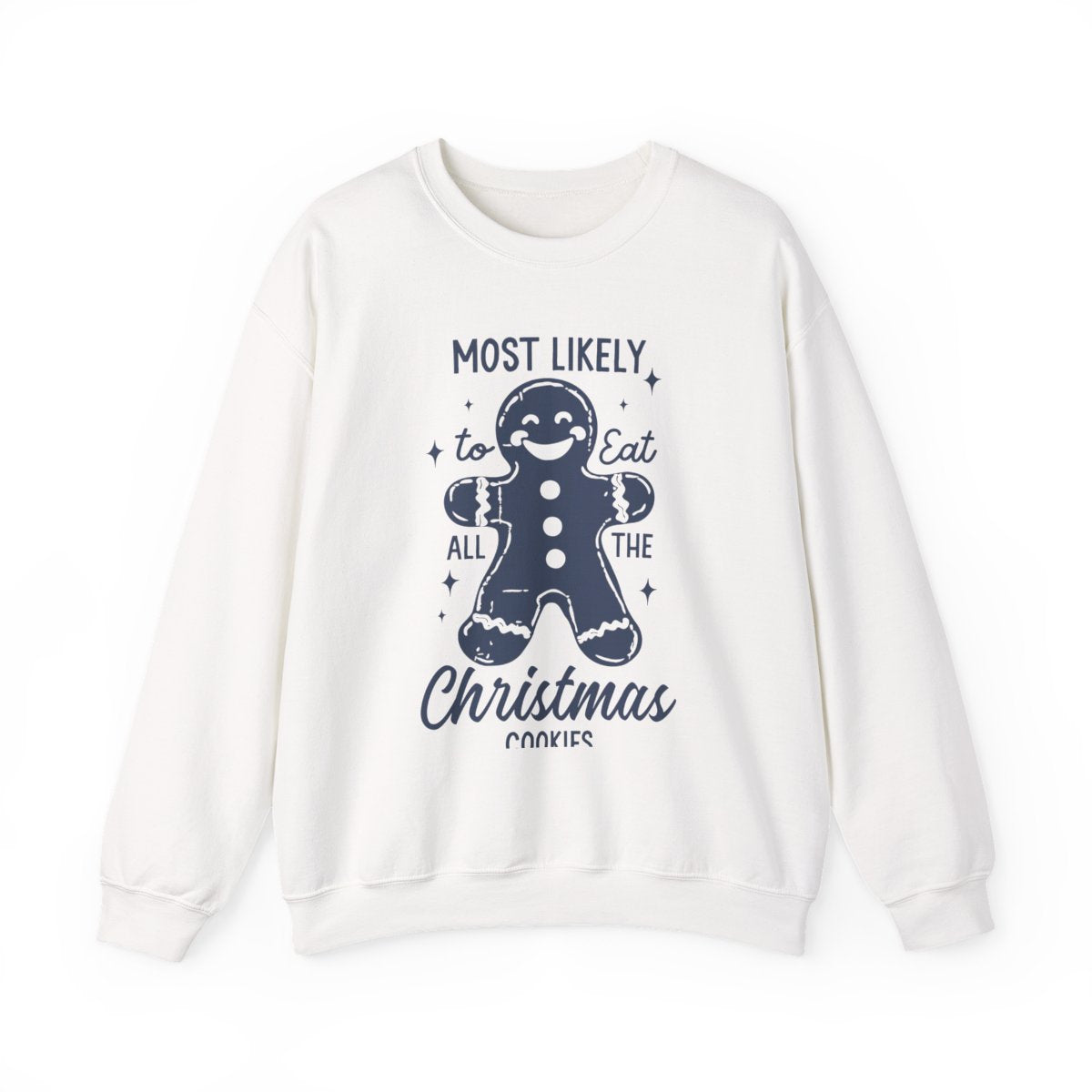 light pink sweatshirt with most likely to eat all the christmas cookies funny slogan design