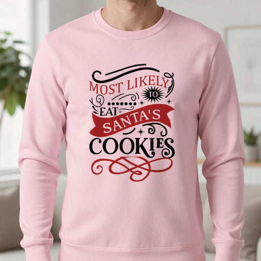 Most Likely to Eat Santa’s Cookies Christmas Sweatshirt in Light Pink, worn, our photo