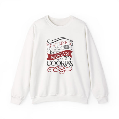 light pink sweatshirt with most likely to eat santa's cookies funny christmas design