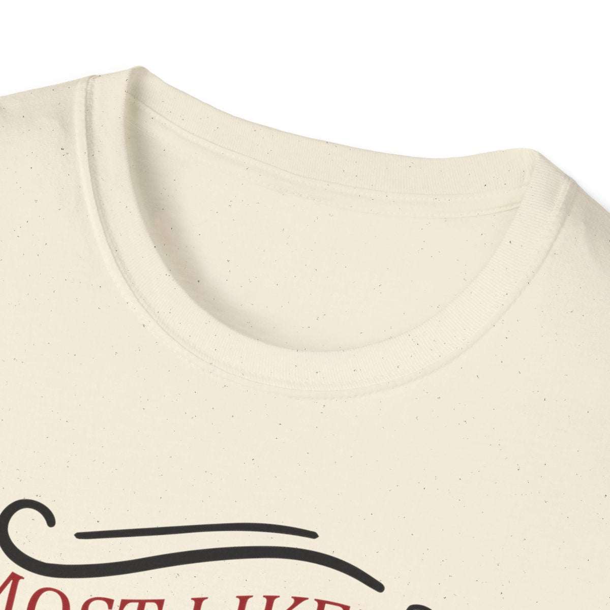 white tee close-up showing most likely to eat santa's cookies festive print