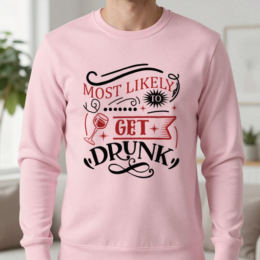 Most Likely to Get Drunk Christmas Sweatshirt in Light Pink, worn, our photo