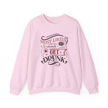 sand sweatshirt with most likely to get drunk christmas graphic print