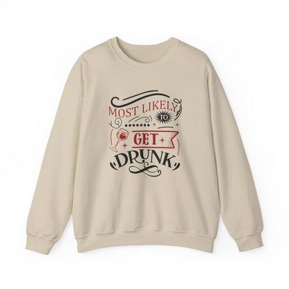 white sweatshirt with most likely to get drunk christmas funny slogan