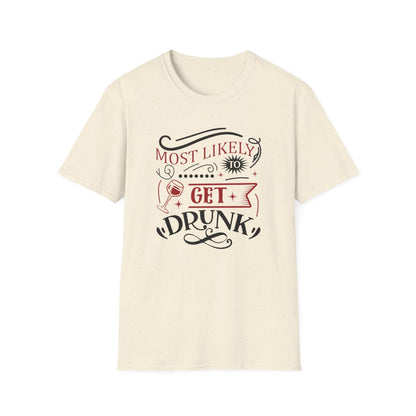 white t-shirt with most likely to get drunk funny christmas design