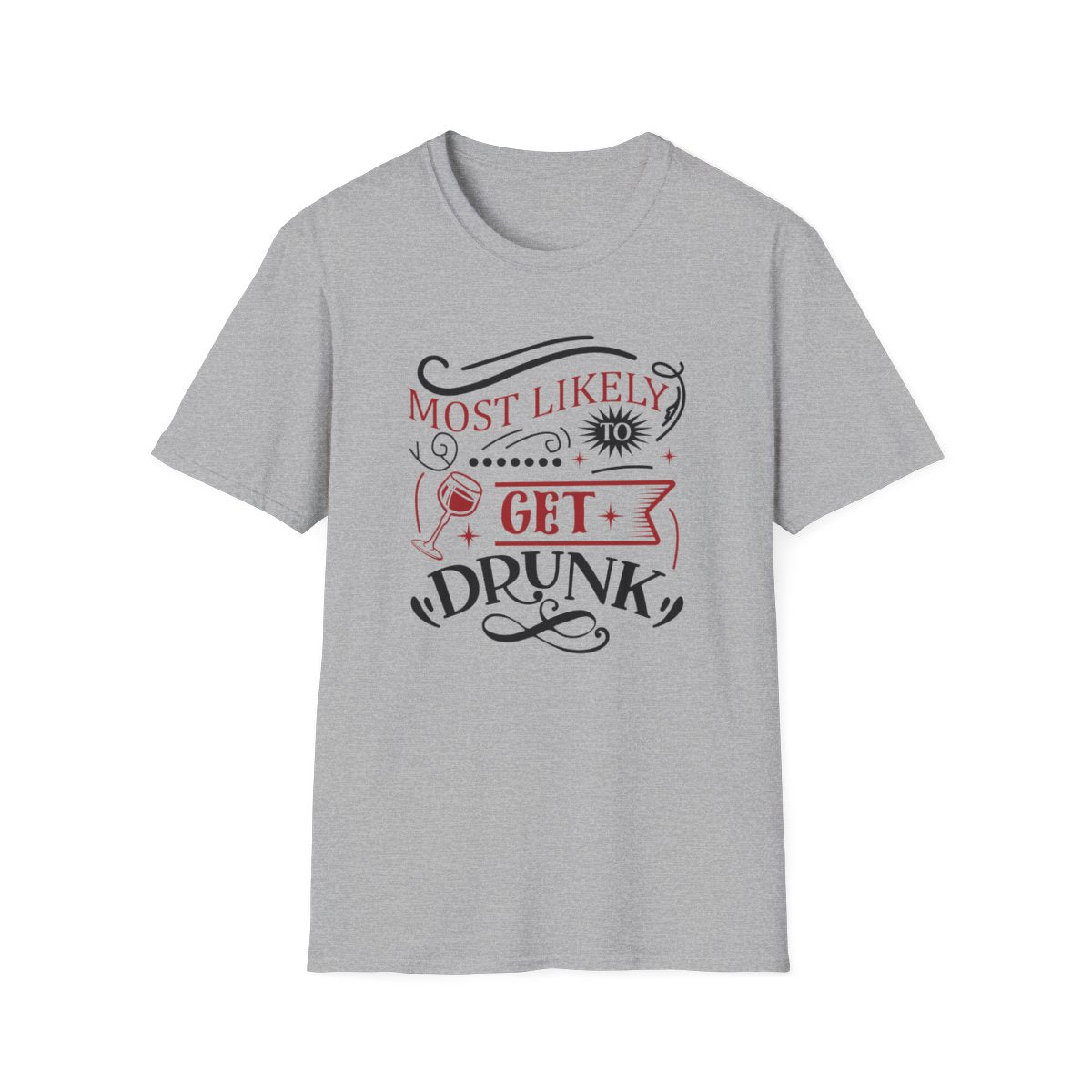 light blue t-shirt with most likely to get drunk christmas party graphic