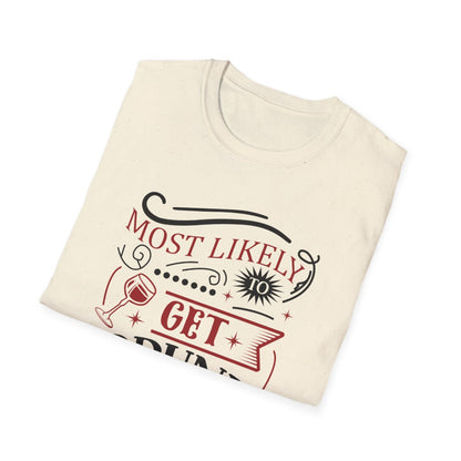 black t-shirt with most likely to get drunk christmas party slogan