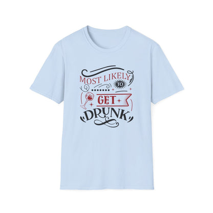 sport grey t-shirt with humorous most likely to get drunk holiday print