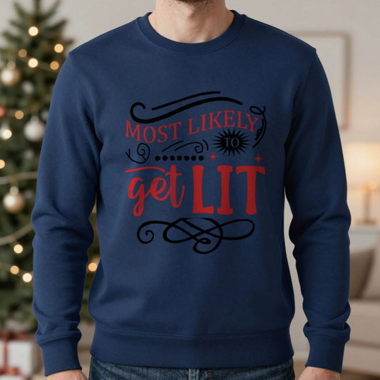 Most Likely to Get Lit Christmas Sweatshirt worn, lifestyle photo