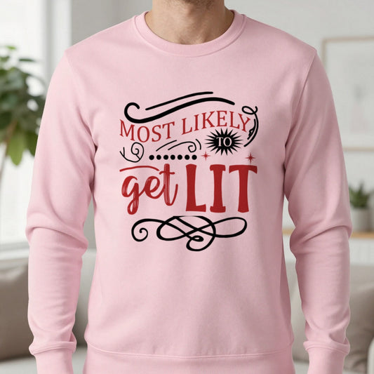 Most Likely to Get Lit Christmas Sweatshirt in Light Pink, worn, our photo
