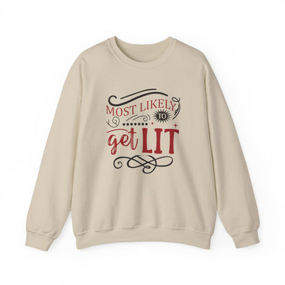 white sweatshirt with get lit christmas funny slogan for festive parties