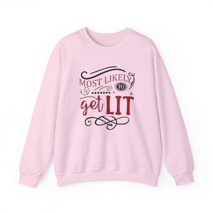 sand sweatshirt with most likely to get lit christmas party design front print
