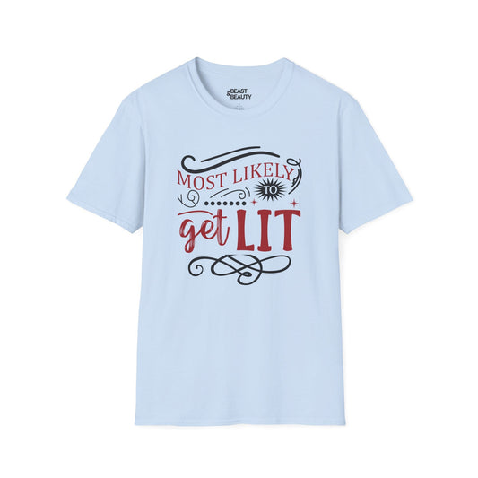 most likely to get lit christmas t-shirt light blue t-shirt Christmas gift idea