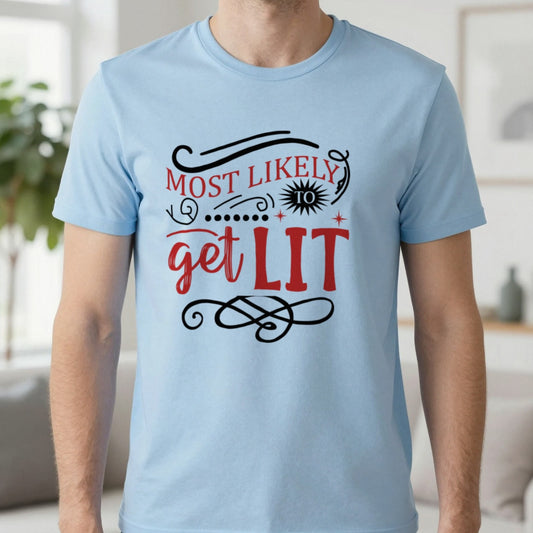 Most Likely to Get Lit Christmas T-Shirt in Light Blue, worn, our photo