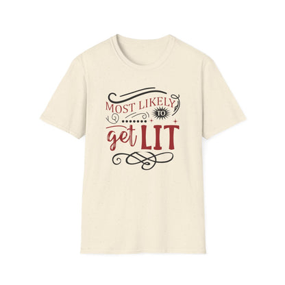 white t-shirt with most likely to get lit funny christmas design