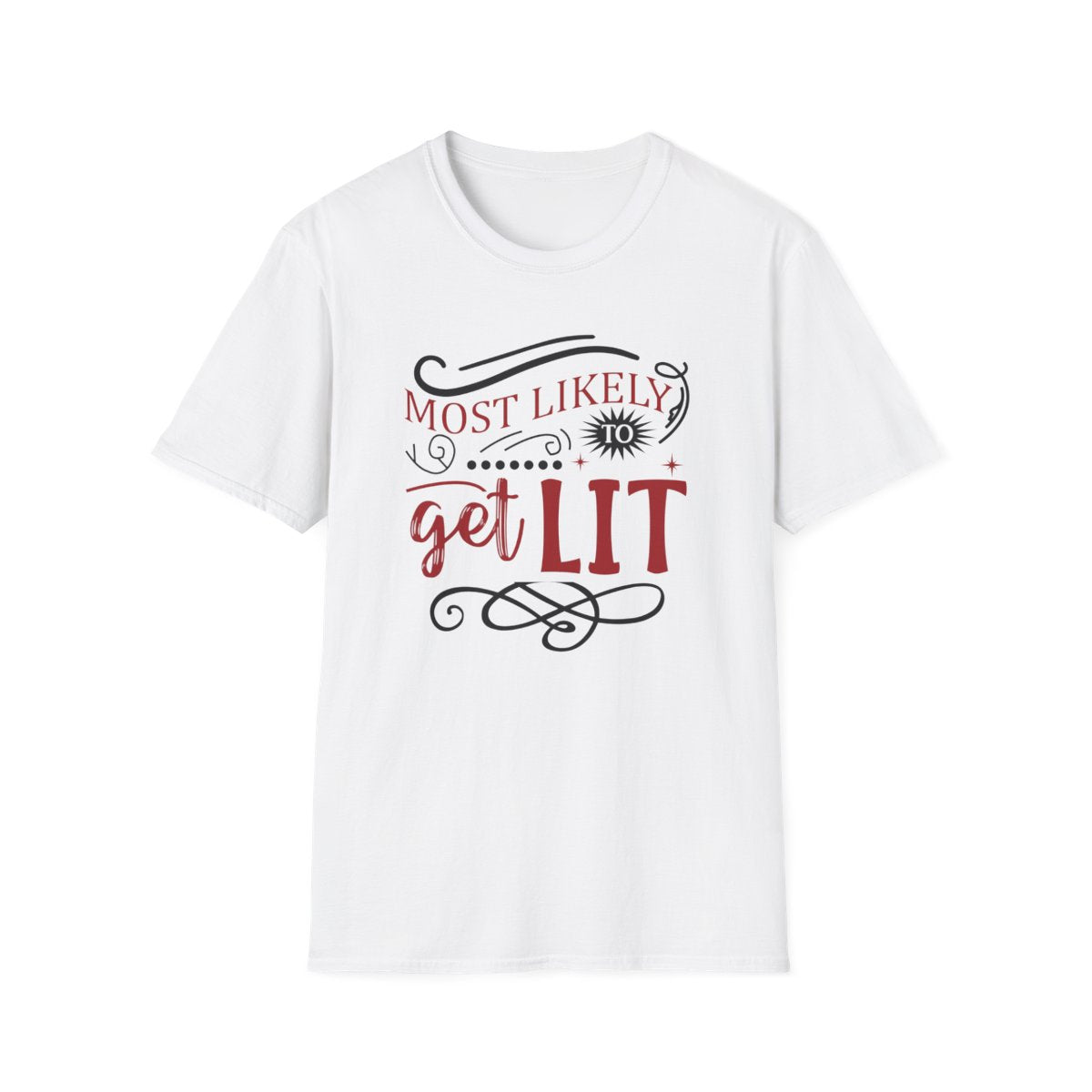 sport grey t-shirt featuring most likely to get lit festive holiday print