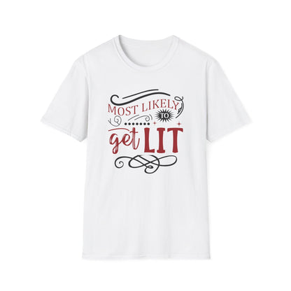 sport grey t-shirt featuring most likely to get lit festive holiday print