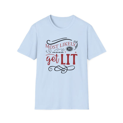 light blue t-shirt with bold most likely to get lit christmas graphic