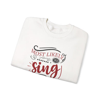 light pink sweatshirt with christmas carol singer design worn as lifestyle shot