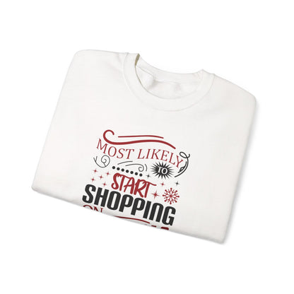 sweatshirt detail showing most likely to start shopping on christmas eve bold printed design