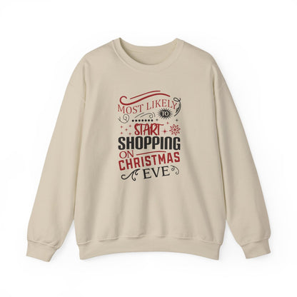 white sweatshirt with christmas eve last-minute shopper graphic design