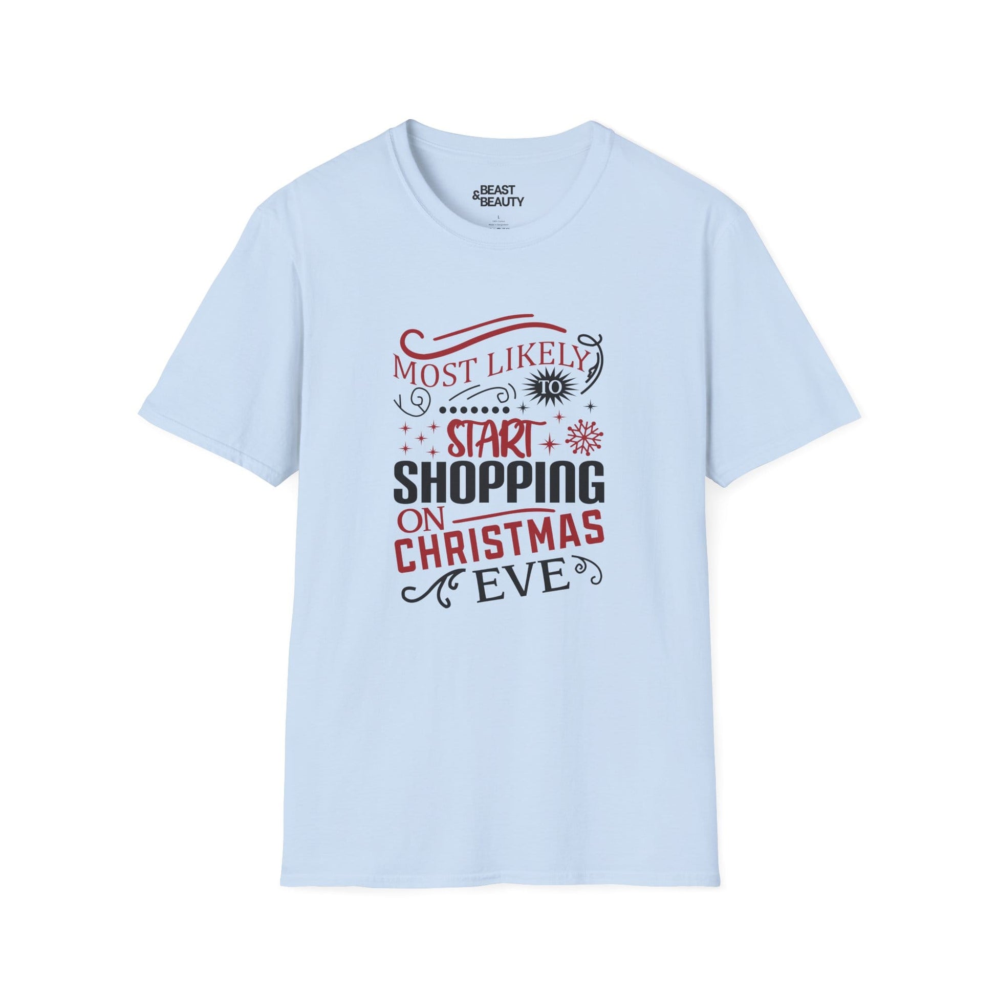 most likely to start shopping on christmas eve t-shirt light blue t-shirt Christmas gift idea