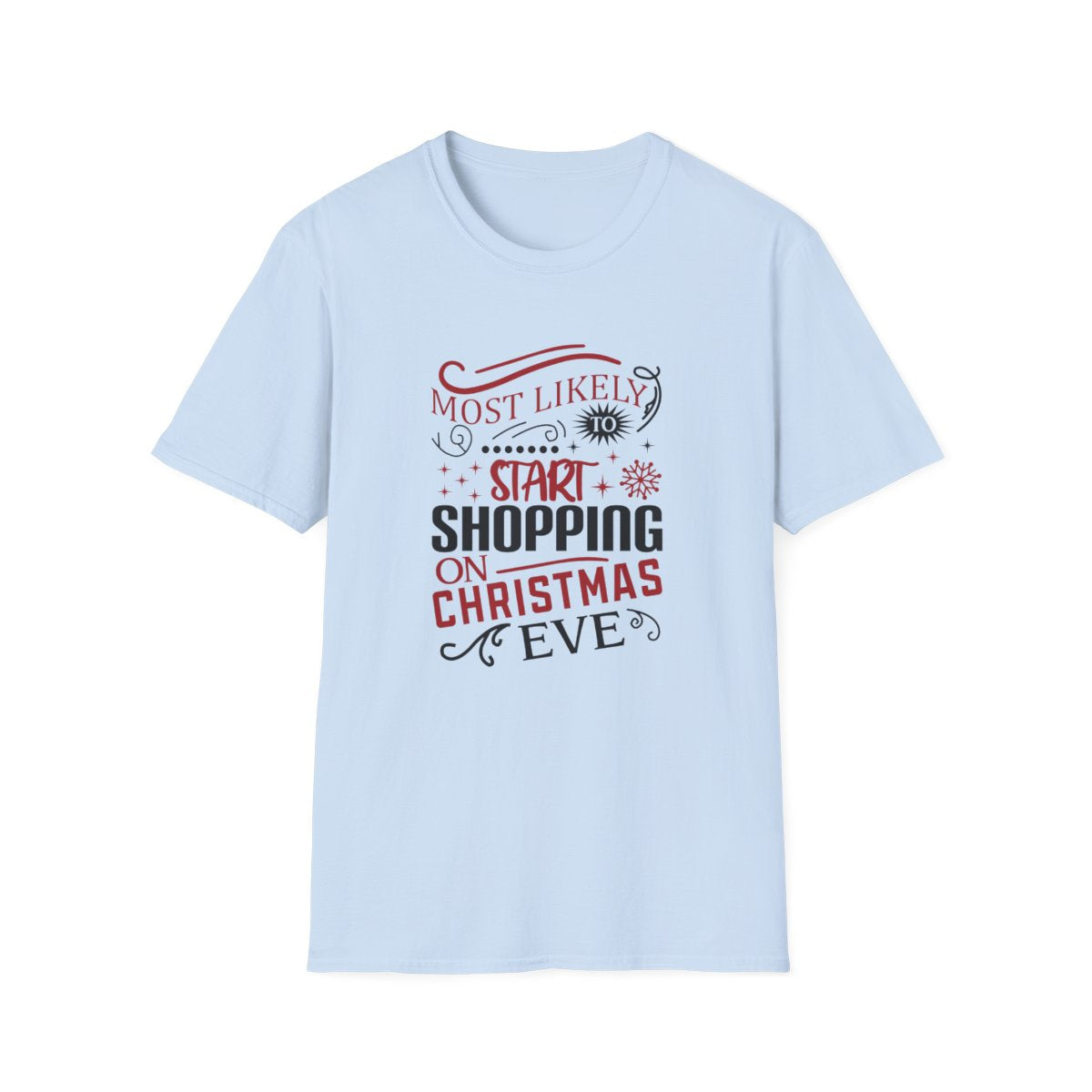light blue t-shirt with christmas eve procrastinator graphic print