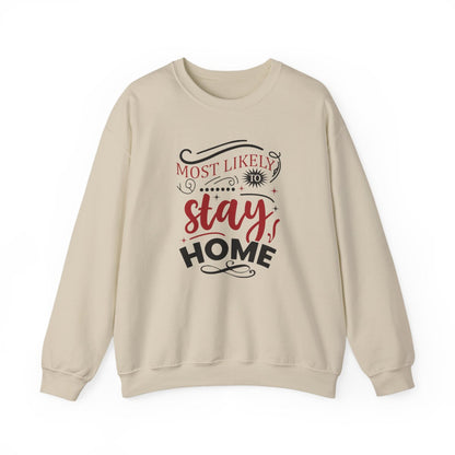 white sweatshirt with stay home christmas slogan perfect for cozy holiday loungewear