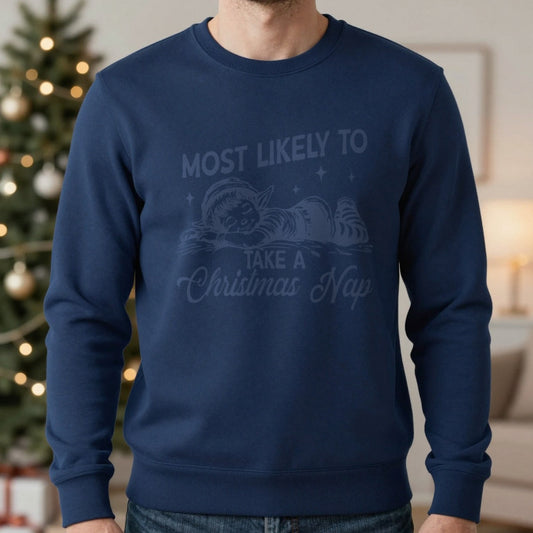 Most Likely To Take A Christmas Nap Sweatshirt worn, lifestyle photo