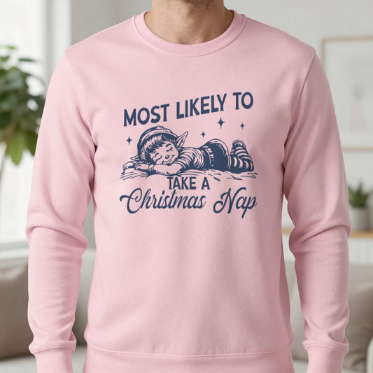 Most Likely To Take A Christmas Nap Sweatshirt in Light Pink, worn, our photo