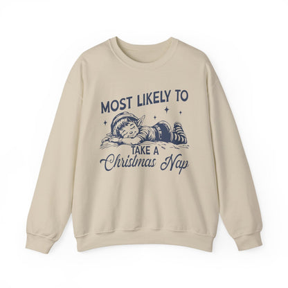 light pink sweatshirt with most likely to take a christmas nap funny slogan design