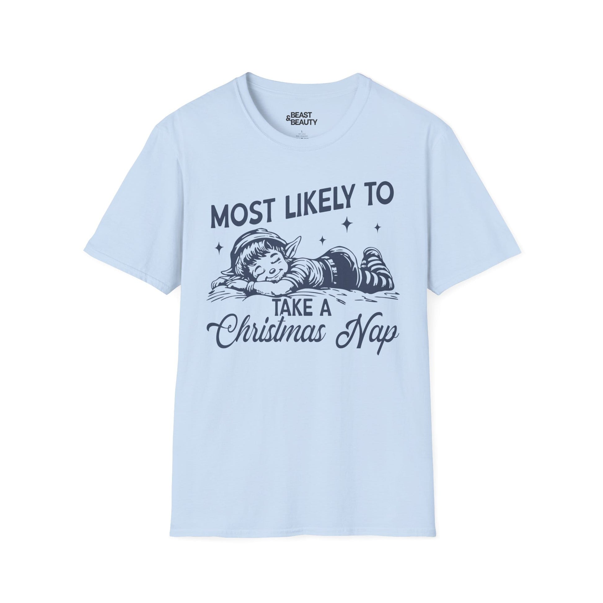 most likely to take a christmas nap t-shirt light blue t-shirt Christmas gift idea