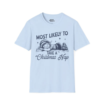 most likely to take a christmas nap t-shirt light blue t-shirt Christmas gift idea