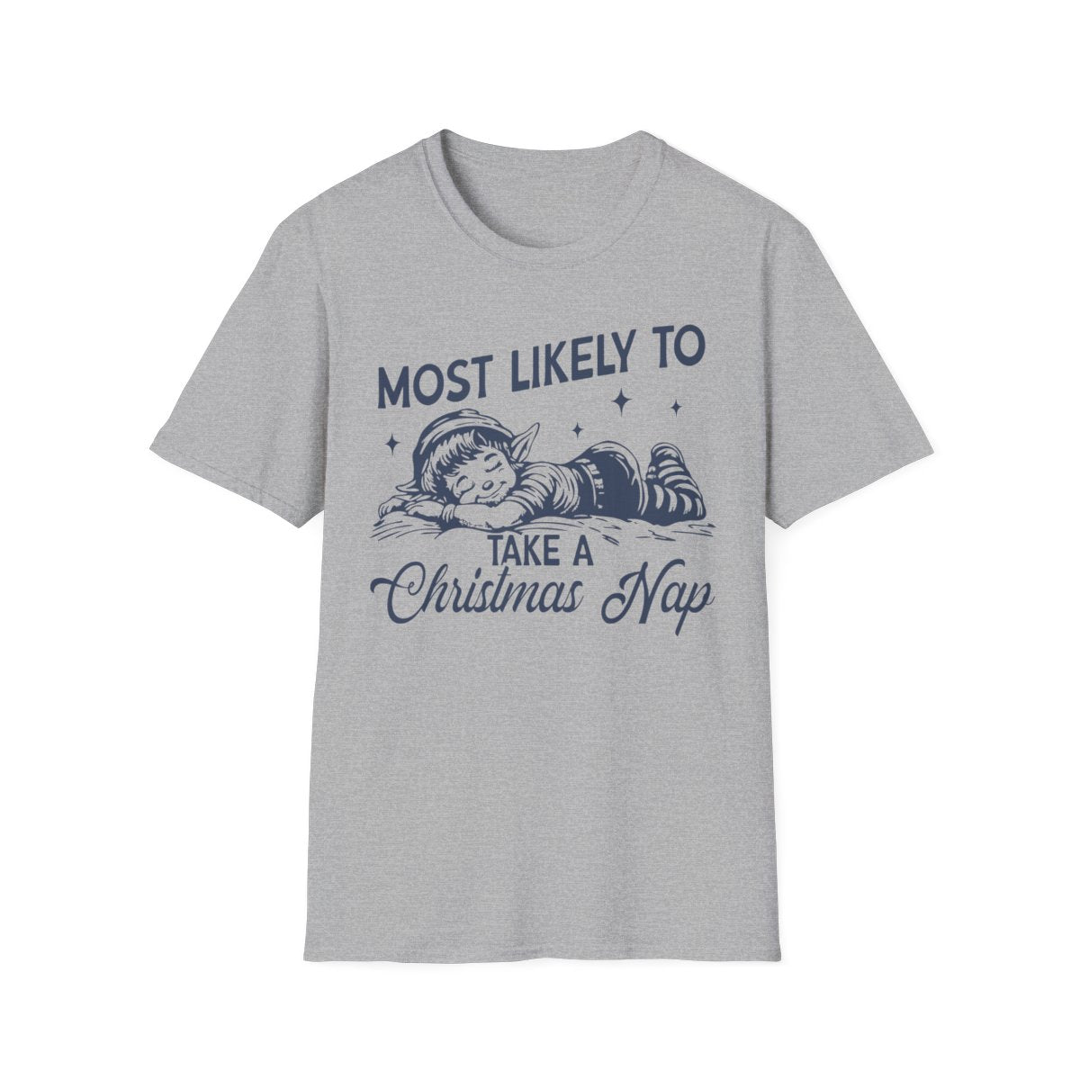 white t-shirt with most likely to take a christmas nap funny slogan design