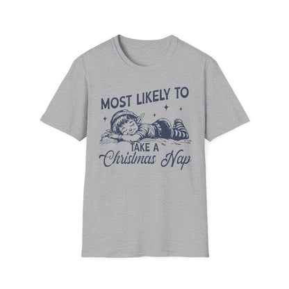 white t-shirt with most likely to take a christmas nap funny slogan design