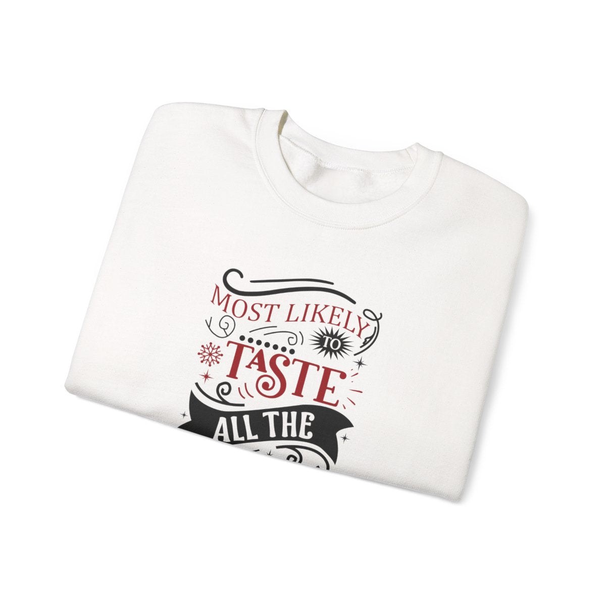 light pink Christmas sweatshirt close-up showing bold wine and food gift design
