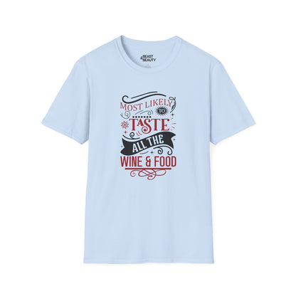 most likely to taste all the wine & food christmas t-shirt light blue t-shirt Christmas gift idea